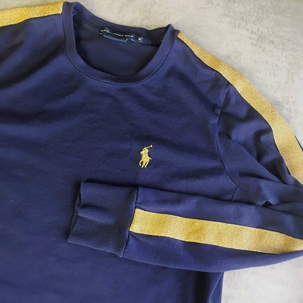 Vtg Ralph Lauren Golf Shirt Women Med Navy Blue Gold Sport Performance Pony Logo